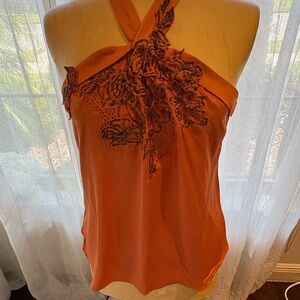 Orange Halter Top with Lace Detail